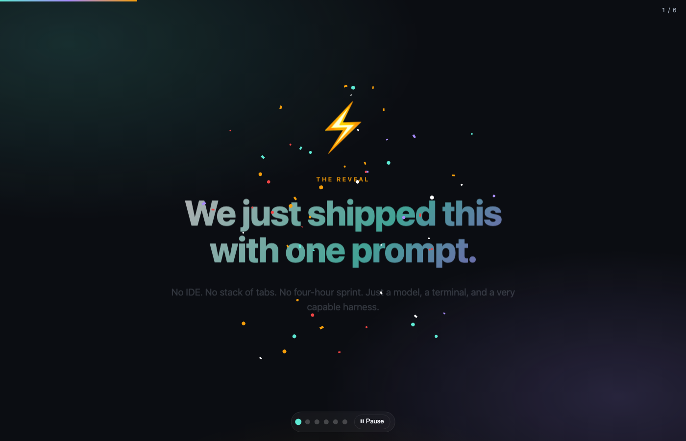 Title slide of a generated presentation reading 'We just shipped this with one prompt', over a dark gradient with confetti.